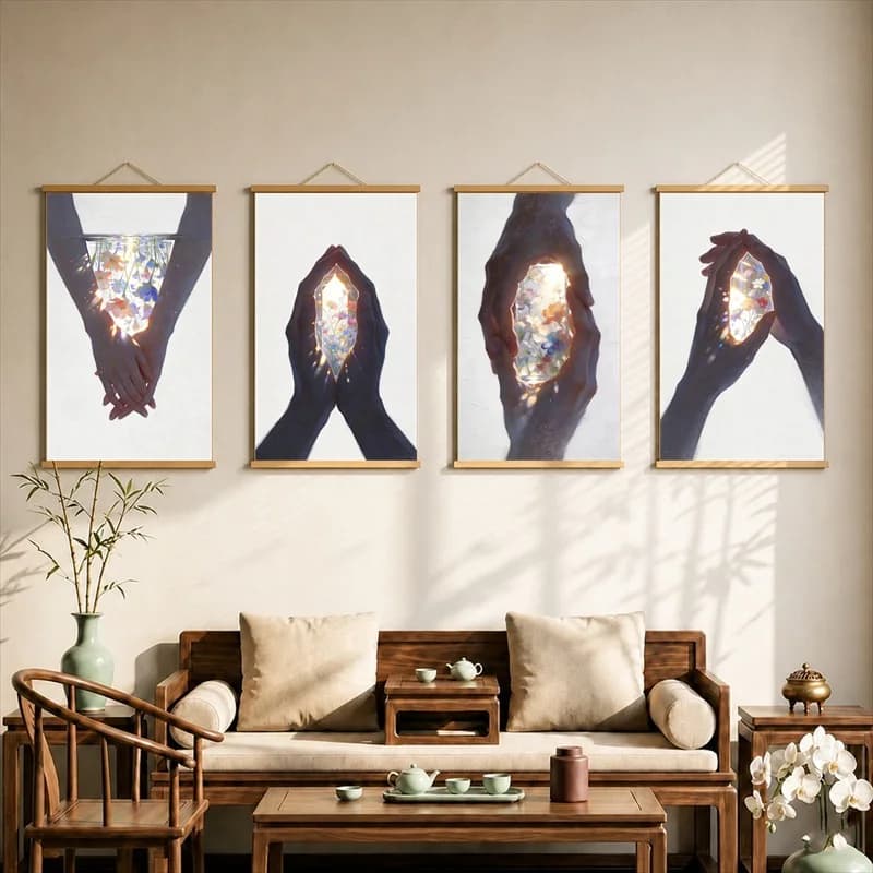 Cool Stuff for Room Hands Holding Glowing Crystal Worlds, Mystical Surreal Pearlescent Canvas Hanging Scroll for Meditation Room