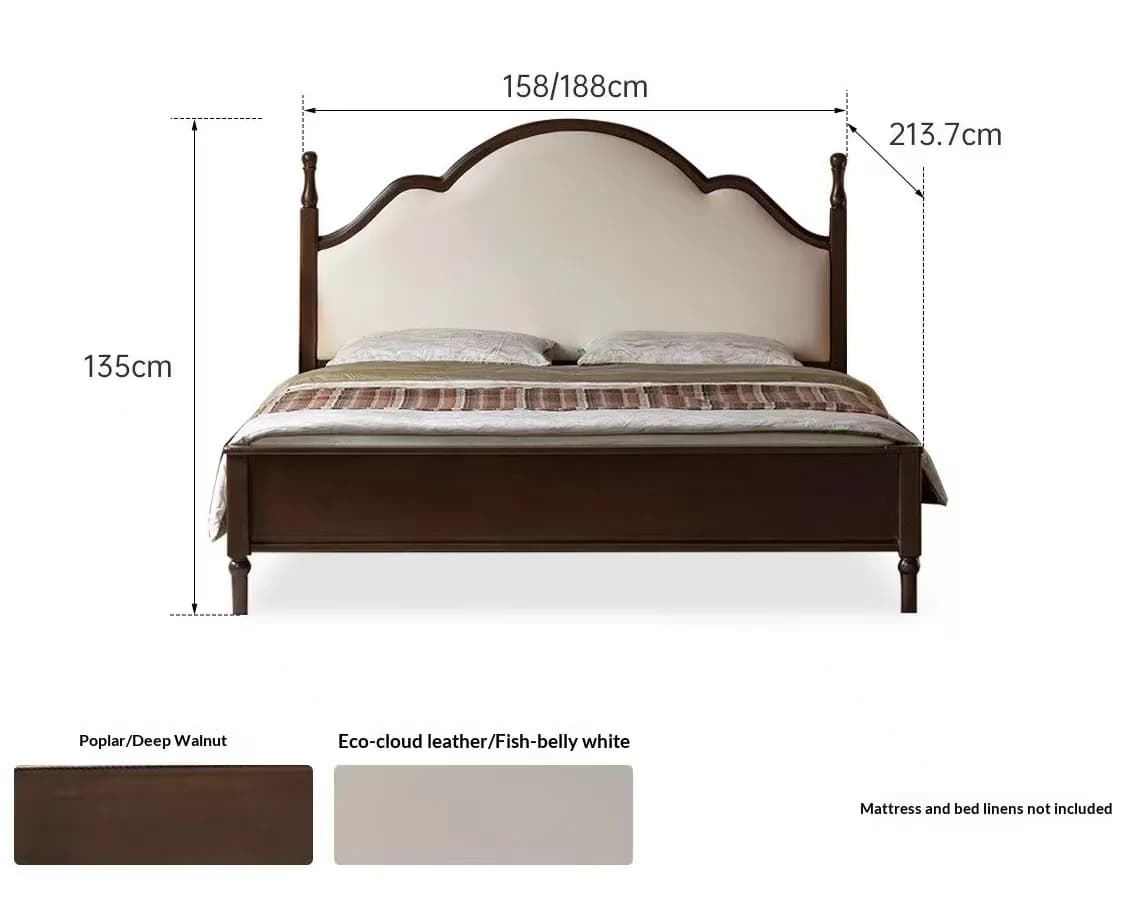 &* American Vintage Retro Large Solid Wood Double Bed With Soft Backrest And Dark Walnut Finish