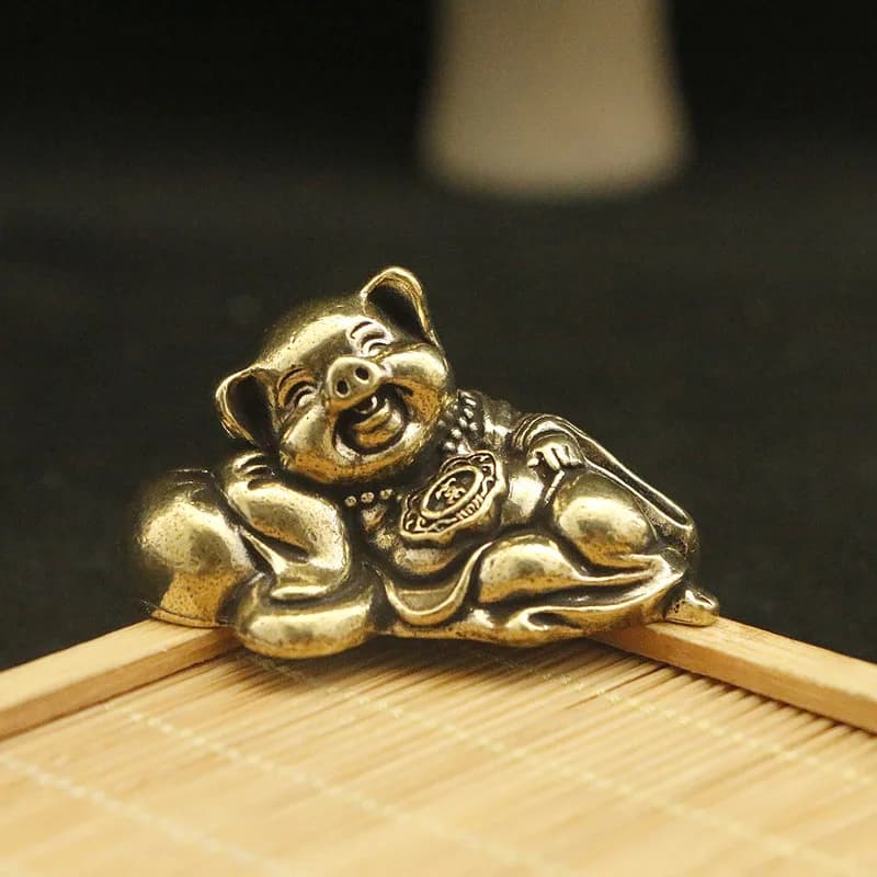 Brass figurine, a symbol of wealth and prosperity, featuring the zodiac pig, a copper sculpture of Zhu Bajie, a decorative c