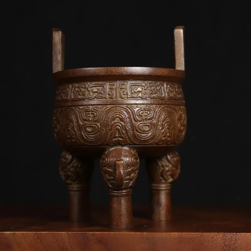 Copper incense burner, a large, three-legged, double-eared bronze vessel, perfect as an office opening gift or decorative piece