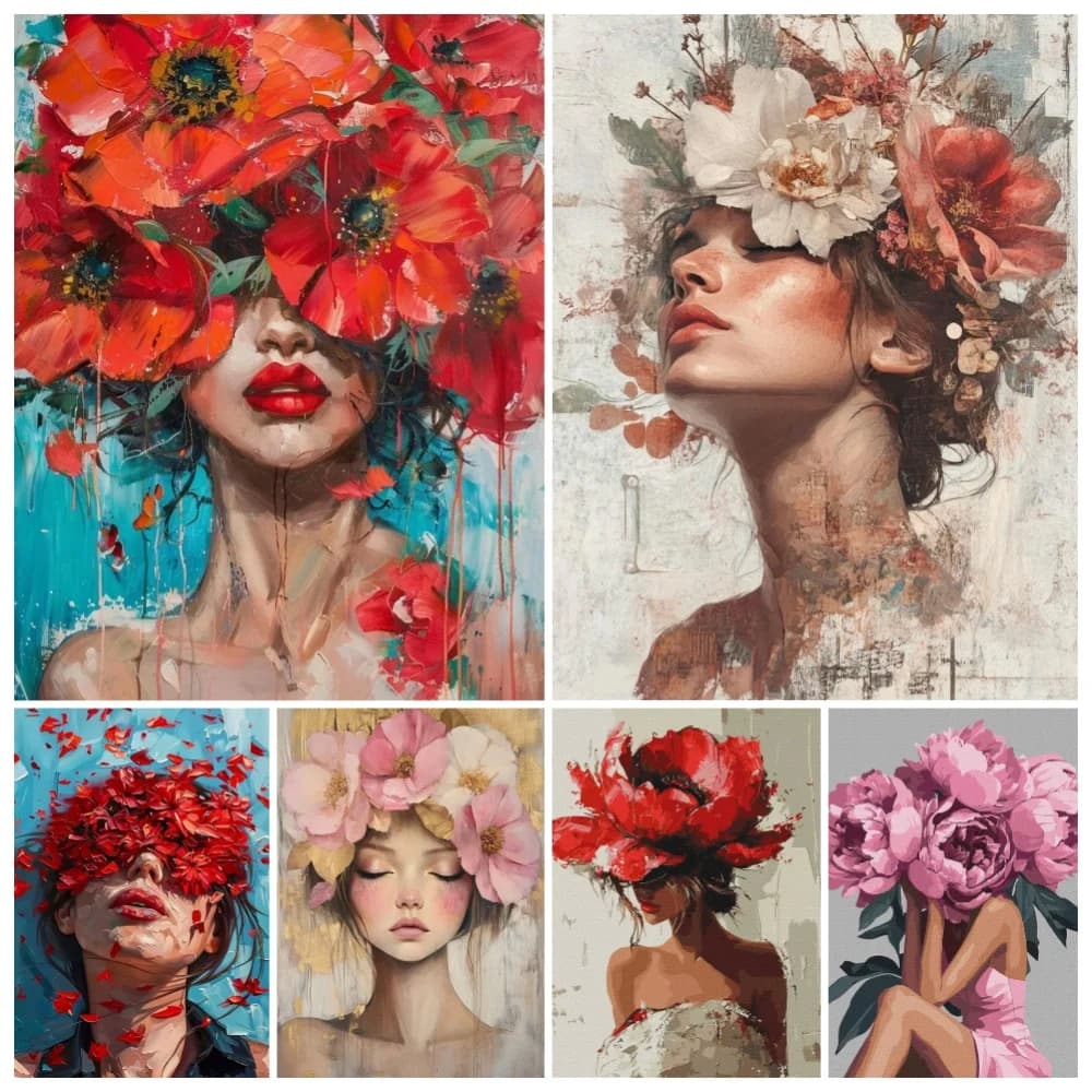 Fashion Floral Woman Portrait Poster Print For Living Room Home Decor Modern Flowers Girl Canvas Painting Abstract Wall Art