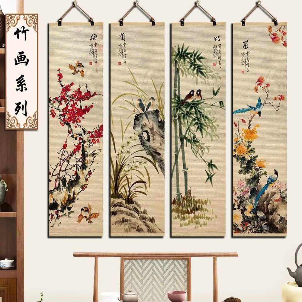 Lucky Four Nobles Bamboo Scroll Wall Tapestry - Plum Orchid Bamboo Floral Bird Decor for Living Room & Restaurant Background