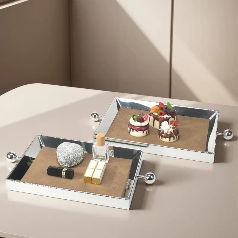 Stainless Steel Mirror Surface Leather Tray Luxury Decorative Storage Plate Fruit Serving Platter Cosmetic Display Organizer