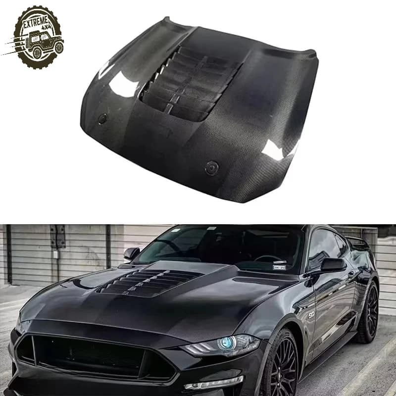 GT500 Style Carbon Fiber Front Engine Hood for Ford Mustang Coupe Air Bonnet with Front Engine Valve Cover
