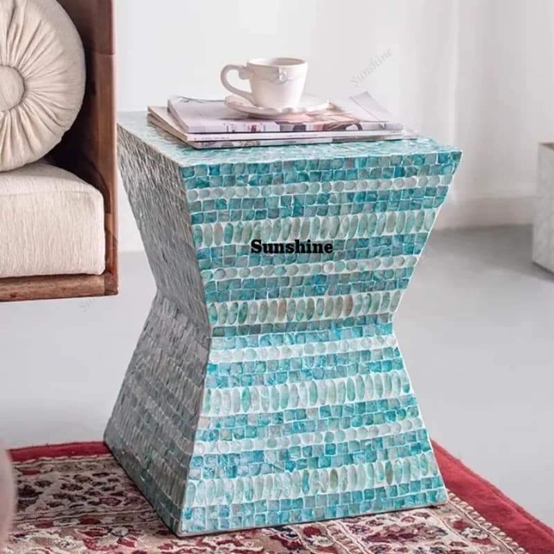 YHigh-end Light Luxury Handmade Collage Shell Small Coffee Side Table Sofa Side Table Living Room Bedside Table Ornaments