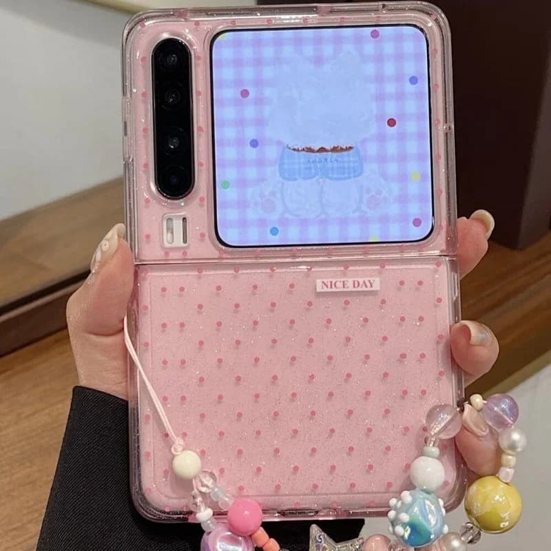 For Samsung Z Flip8 Zflip7 Case Cute Clear Pink Phone Cases For Samsung Galaxy Z Flip8 7 6 5 Xiaomi Mix Flip Cases Kawaii Chain