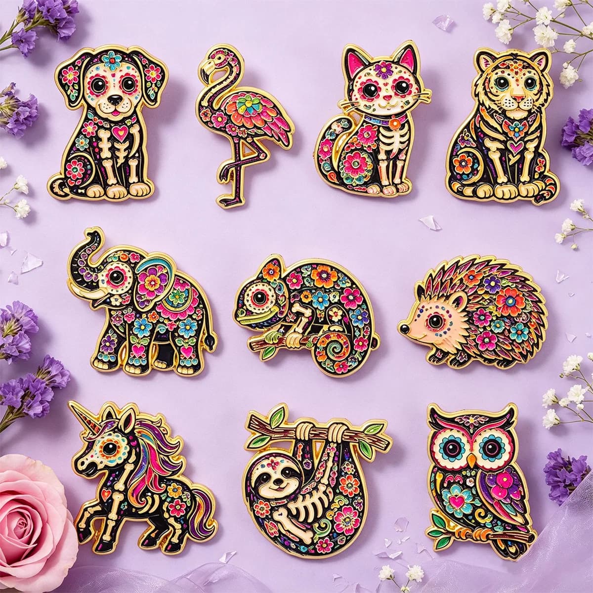 Day of The Dead Animal Enamel Pin Floral Skeleton Brooch Metal Badge DIY Craft Accessories Decoration for Backpack Hat Supplies