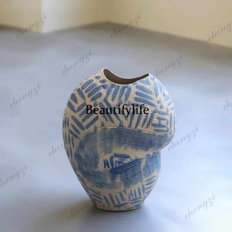 Wabi-sabi style vintage blue-patterned ceramic vase, handmade floral vessel, living room model room, entryway decorative piece