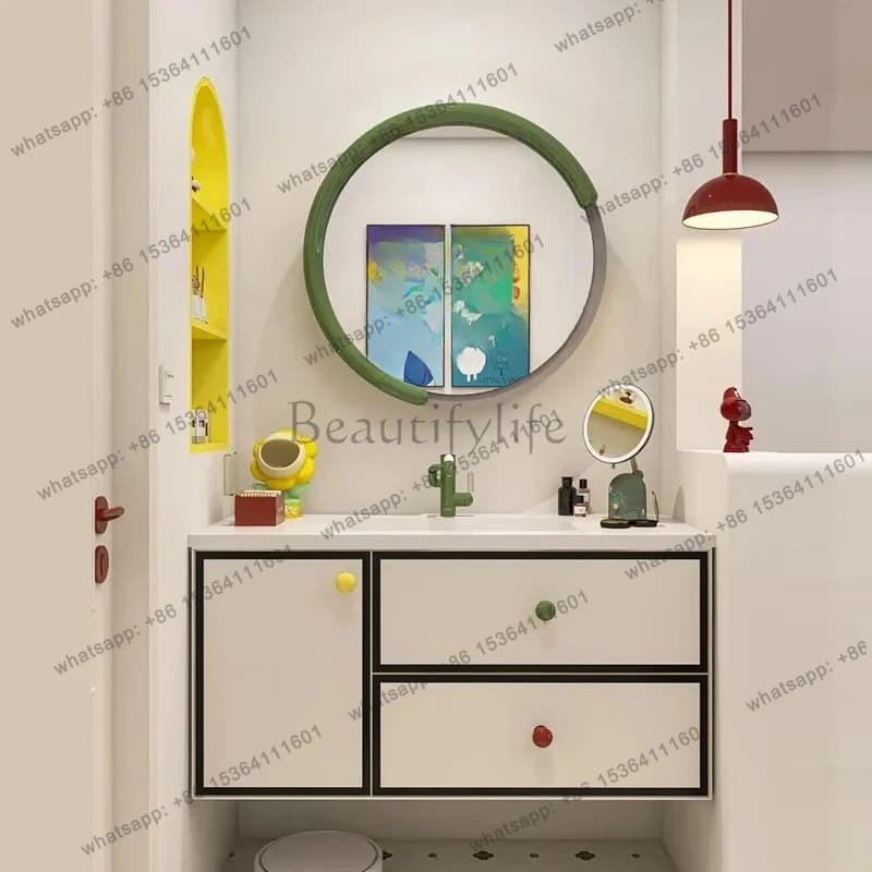 Rubber wood bathroom cabinet combination bathroom rock slab seamless ceramic integrated basin makeup washstand