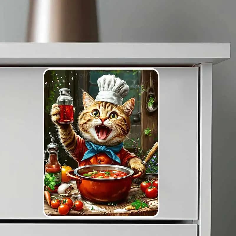 Cute Chef Cat PVC Waterproof Sticker for Kitchen Restaurant Refrigerator Decorative Background Ideal for Food Lovers AA161