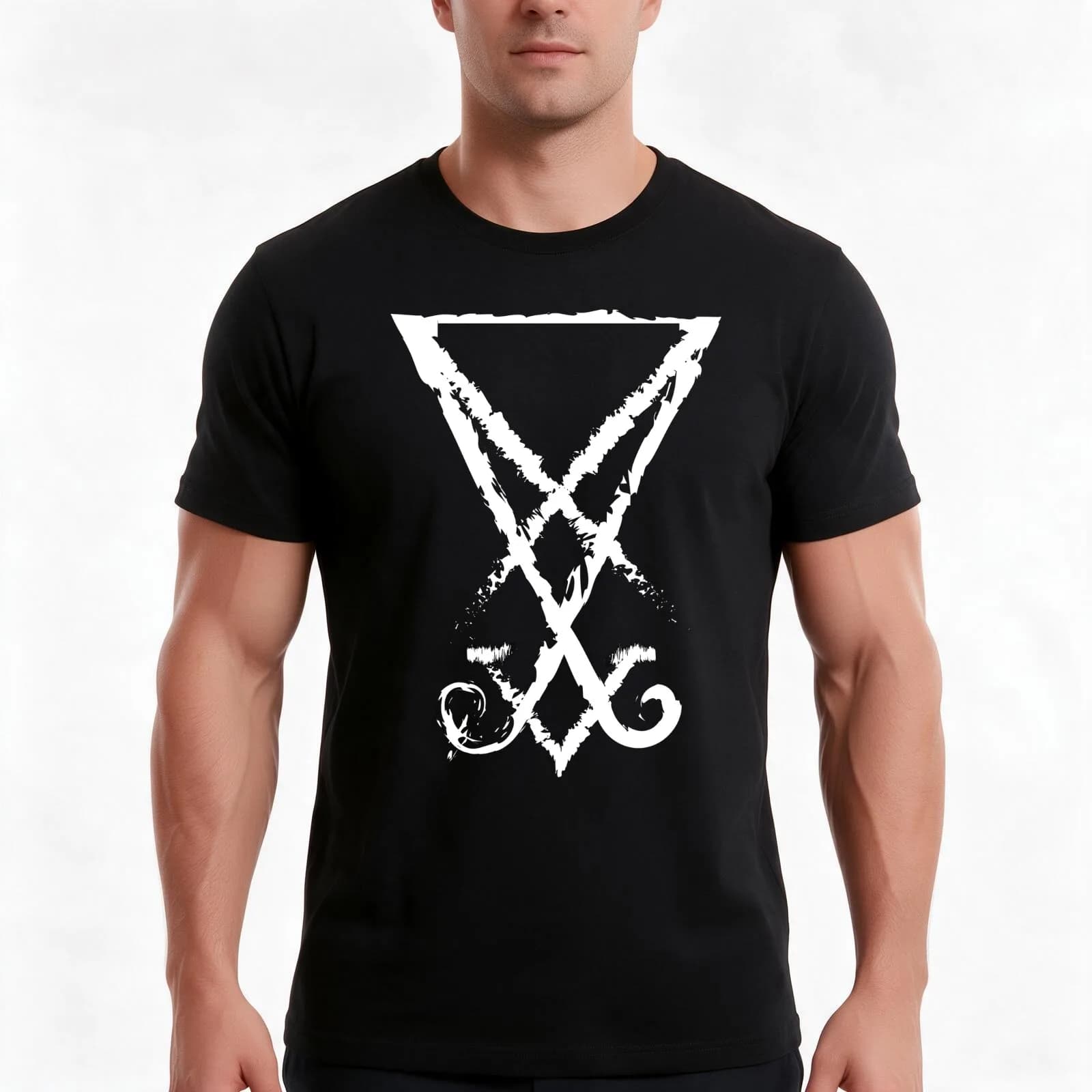 Sigil Of Lucifer - Blurred White T-Shirt, Summer Casual Cotton Tee, Oversized Streetwear Tops, Vintage Graphic Print
