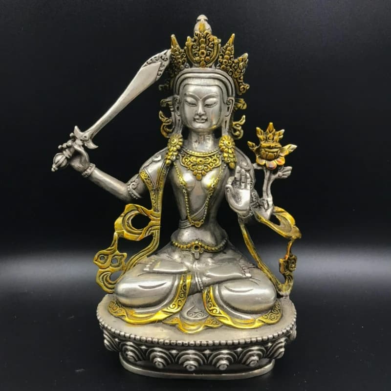White Copper Silver-plated Image Manjushri Buddha Wisdom Sword Lotus Tibetan Buddhist Art, Home Altar Decor Feng Shui Gift