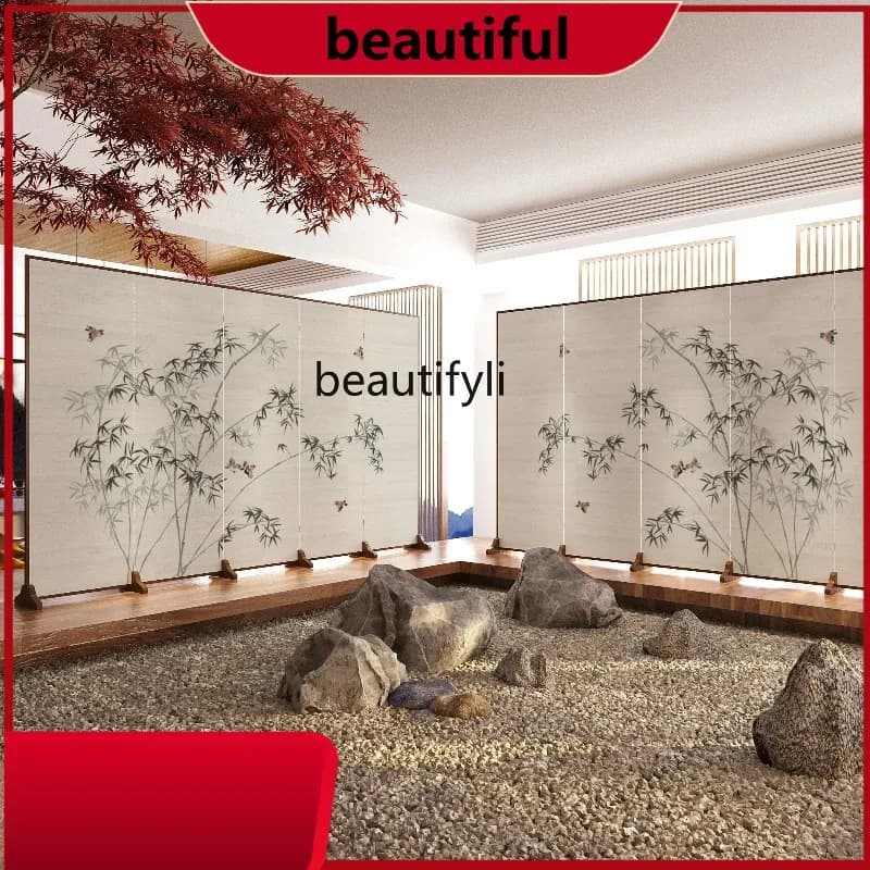 Screen partition living room entrance entrance folding mobile Chinese fabric blocking tea room bamboo solid wood folding screen