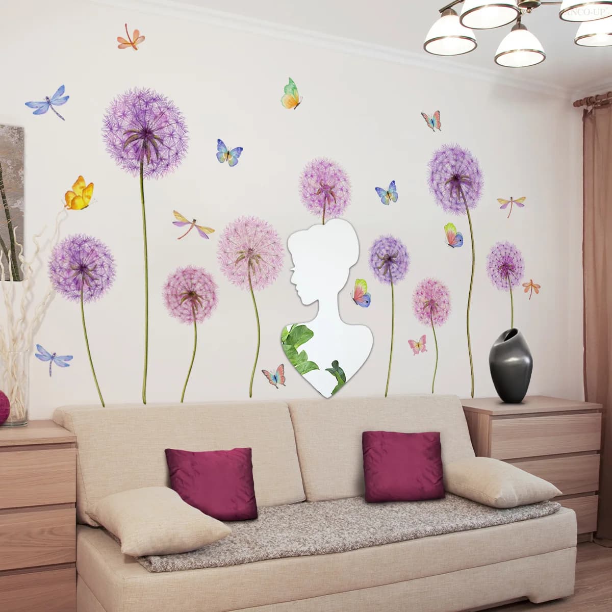 Lavender Dandelion & Butterfly Mirror Wall Decals - Creative Reflective Decor for Bedroom & Bathroom