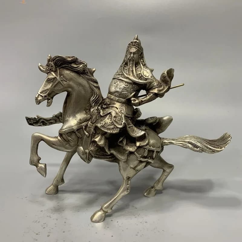 Vintage Paktong Riding Guan Gong Statue Chinese Warrior God Guan Yu Figurine Desktop Auspicious Home Decor Ornament