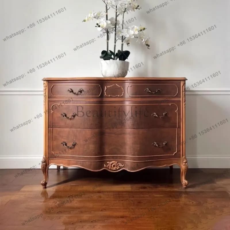 French retro carved solid wood chest in antique villa bedroom wall locker