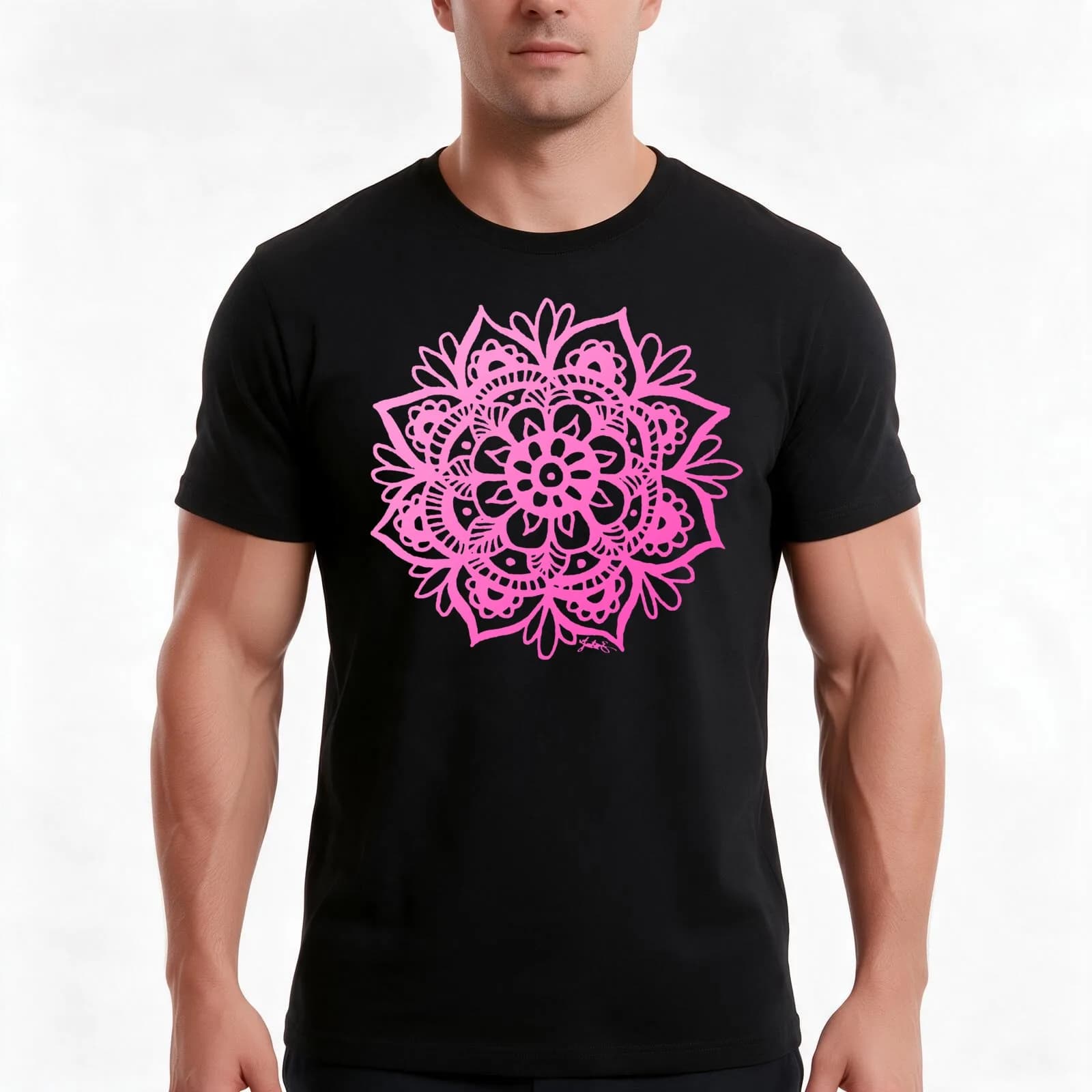 Bright Pink Mandala Flower T-Shirt, Summer Casual Cotton Tee, Oversized Streetwear Tops, Vintage Graphic Print, Unisex Men Women