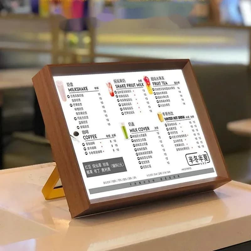 USB Luminous Display Board LED Menu Wooden Frame for Bar or Milk Tea Shop Creative Price List Rack for Front Desk Use