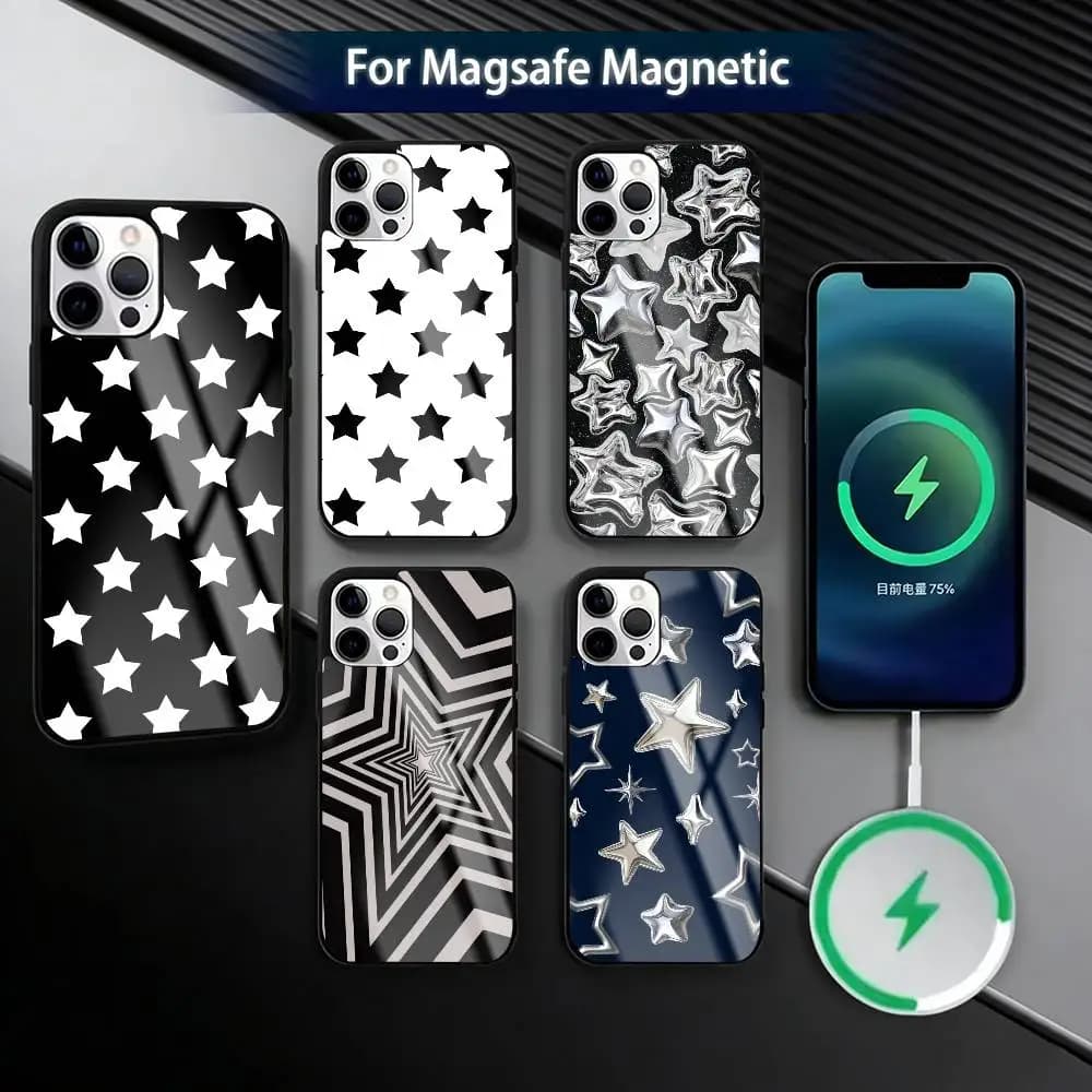 Black White Star  Phone Case For iPhone17,16,15,14,13,12,11 Plus,Pro Magnetic with Magsafe Wireless Charging
