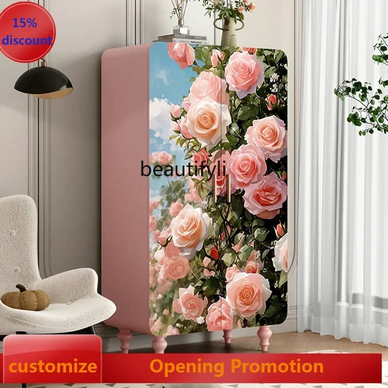ss8350 French Romance Pink Rose Solid Wood Wardrobe Bedroom Storage Decorative Cloakroom Locker
