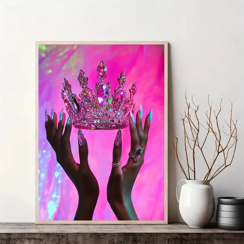 Elegant African American Girl Canvas Poster, Black Hands Raised Pink Rose Gold Crown Poster Printing, For Living Room Home Decor