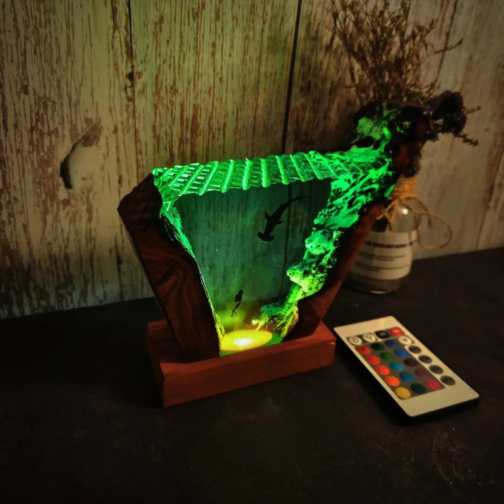 8*5 Inch Underwater World Hammerhead Shark Diver Luminous Art Sculpture Home Desktop Atmosphere Decoration Crafts Unique Gifts