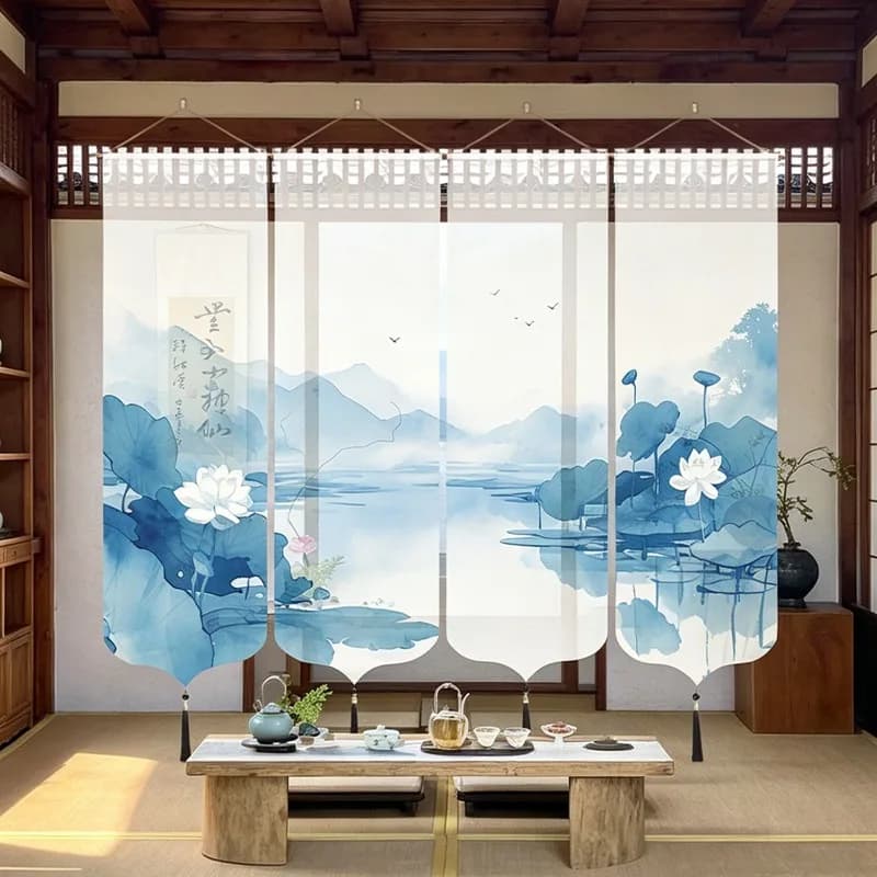 Japanese Style Lotus Hanging Room Divider | Semi Transparent Gauze Partition for Garden & Patio | Zen Yoga Studio Decor