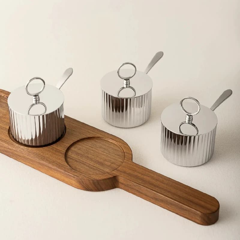 Striped Stainless Steel Spice Jar Table Seasoning Container with Spoon Kitchen Storage Pot Dining Table Condiment Organizer