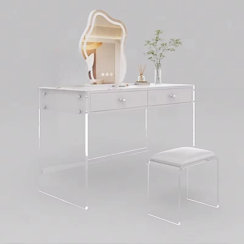 Modern White Acrylic Dressing Table Clear Standing Mirror Desk with Drawers Makeup Table for Bedroom Hotel Furniture