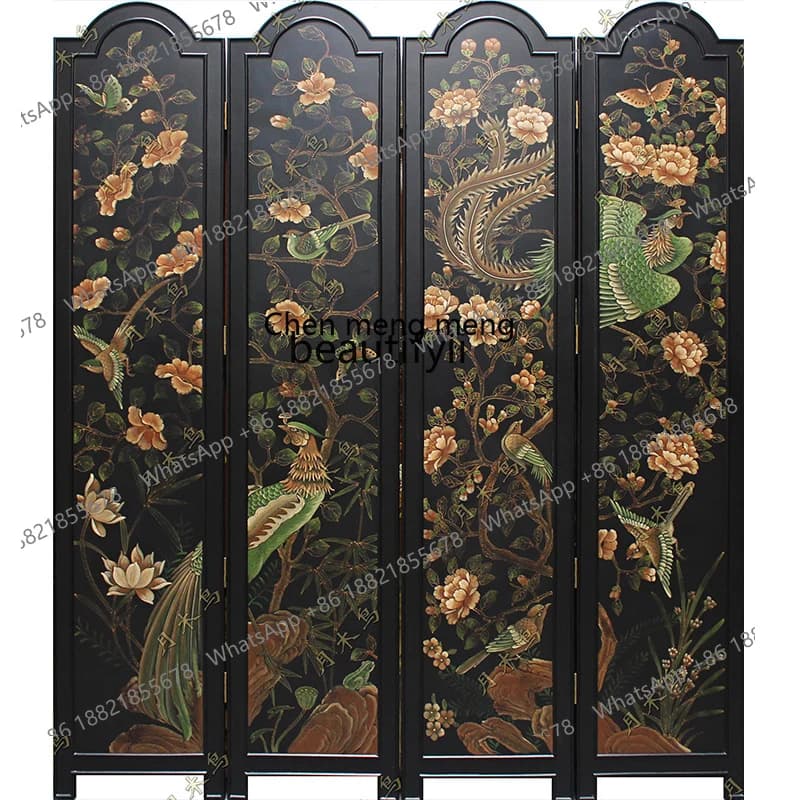 Hand Painted New Chinese Ancient Gold Foil Screen Classical  Hotel Background Wall Accordion Partition Mural Folding Partition