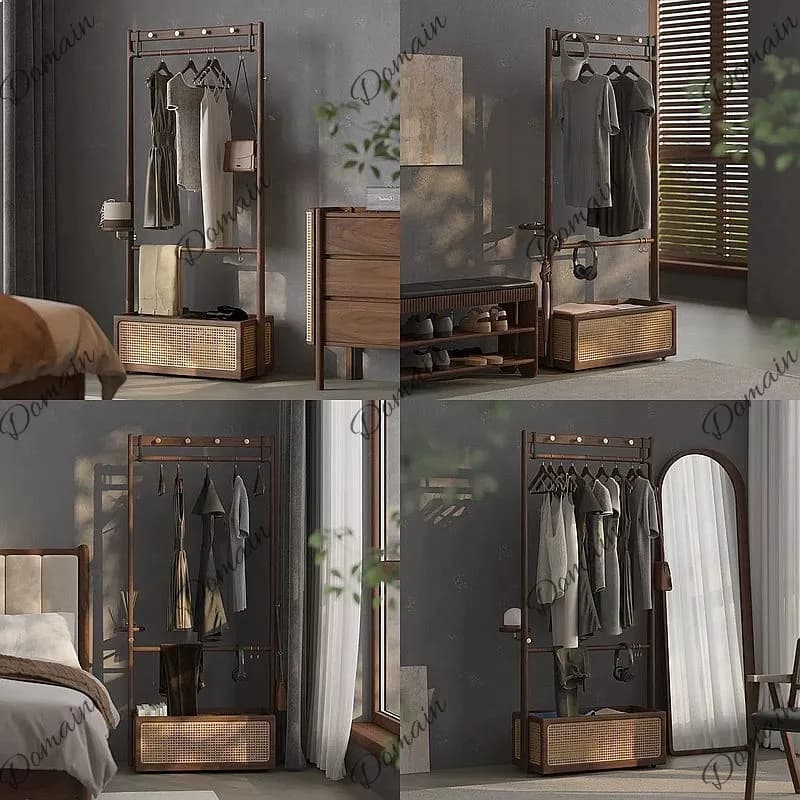 North American Black Walnut Mobile Coat Rack with Laundry Basket, Woven Rattan Clothes Stand for Bedroom