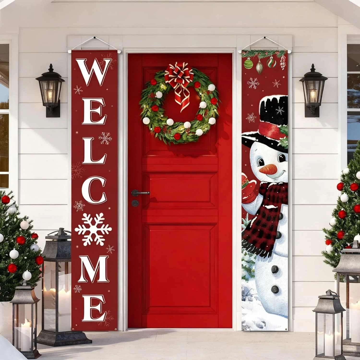 1 Pair Christmas Door Hanging Ornaments for Front Porch Winter Snowman Welcome Banner Durable Polyester 1x6ft, for Porch Decor