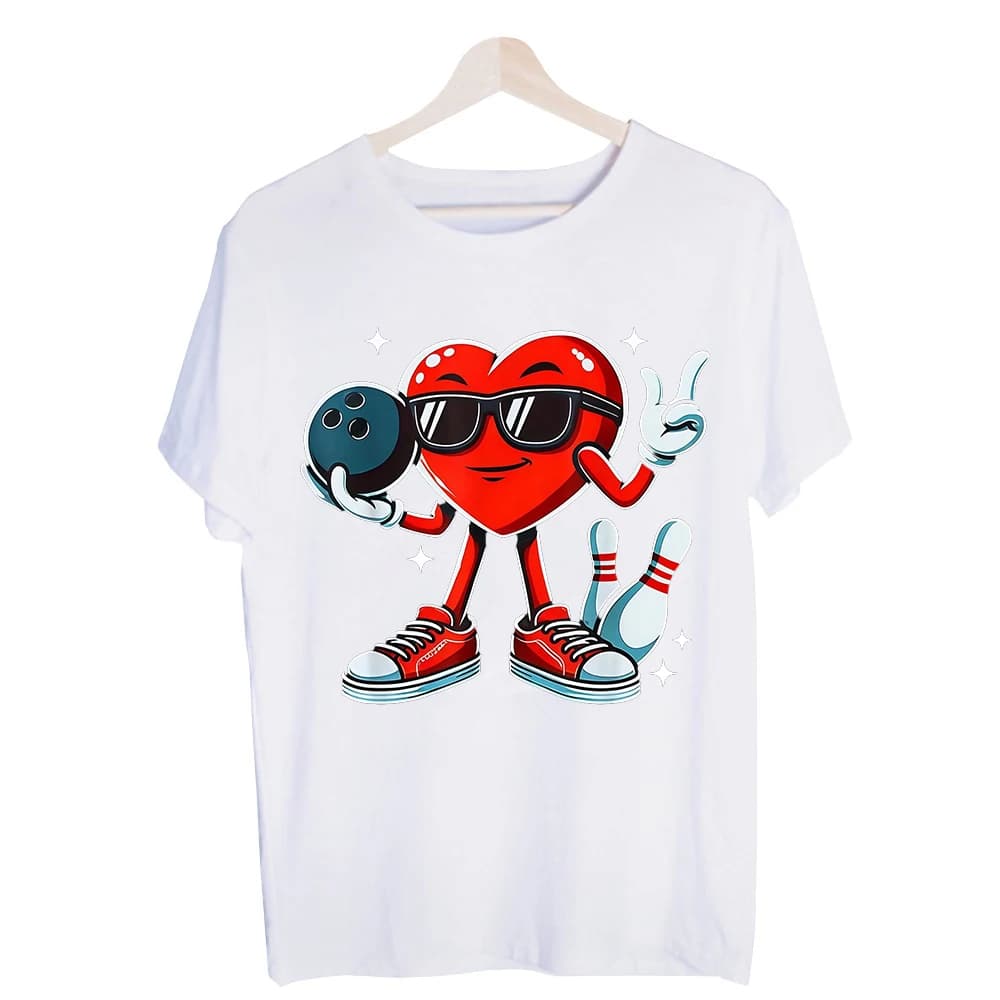 Men's Heart with Bowling Ball Graphic Tee, Short Sleeve Crew Neck T-Shirt for Casual Streetwear and Weekend Outfits