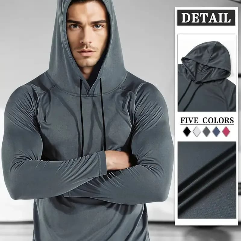 Plain Mens Sport Long Sleeve Hoodie Slim Fit Breathable Quick Dry Knitted Elastic T-shirt Gym Bodybuilding Fitness Hooded Shirts
