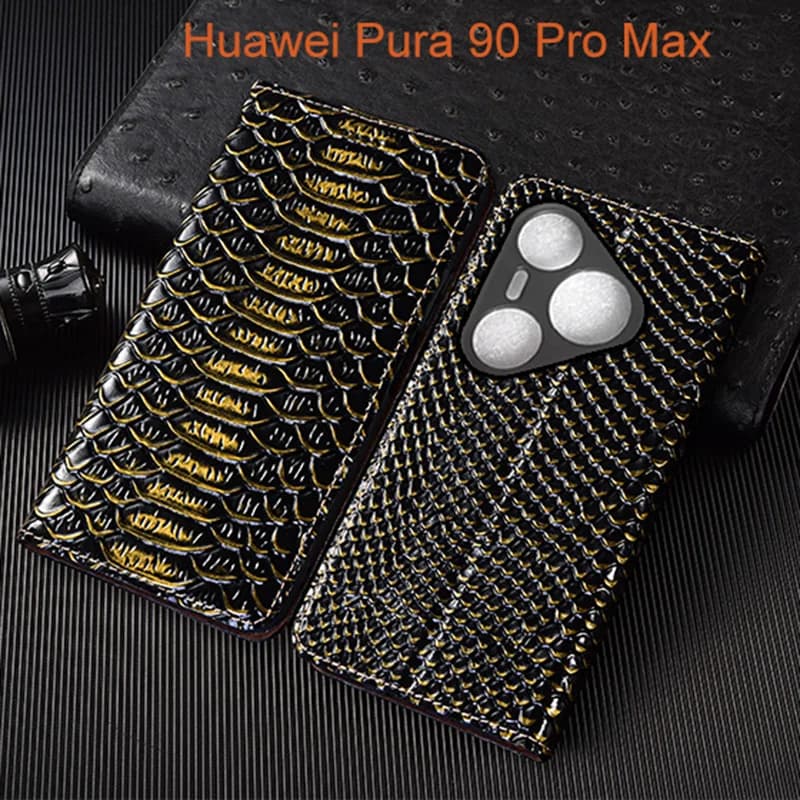 Genuine Leather Flip Case For Huawei Pura 90 Pro Max Phone Cover Card Cases Dragon Scale Handmade