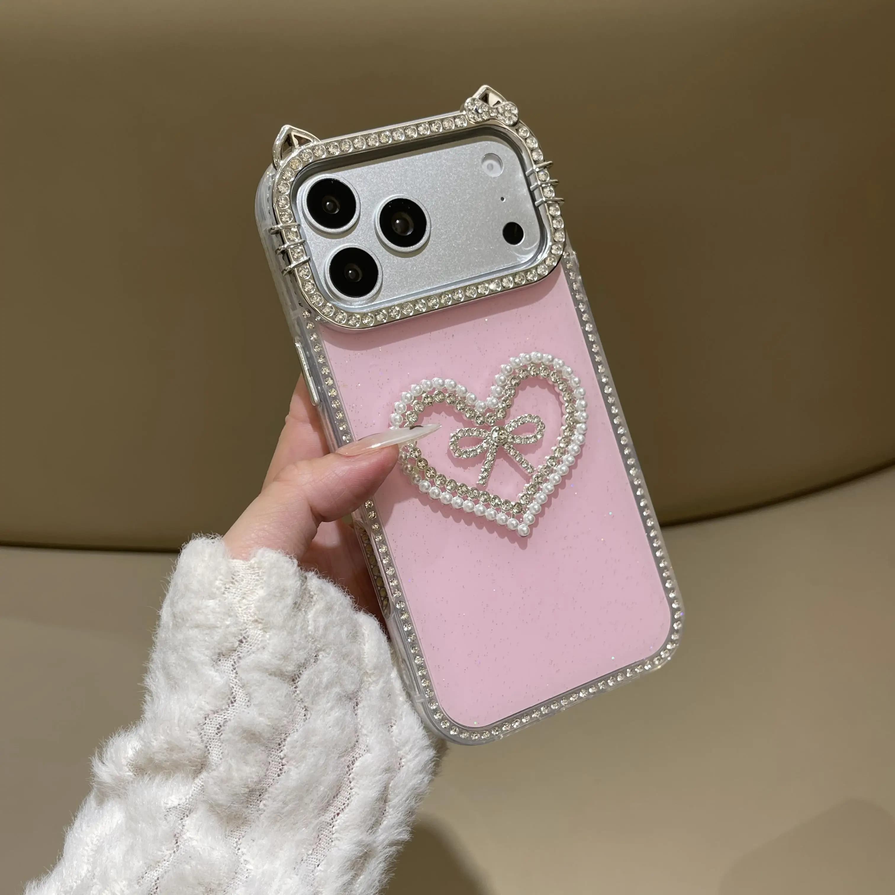 17 Pro Max Luxury Glossy Glitter Pearl Heart Bowknot Phone Case for iPhone 16 15 14 13 Plating Diamond Kitty Cat Ear Cover