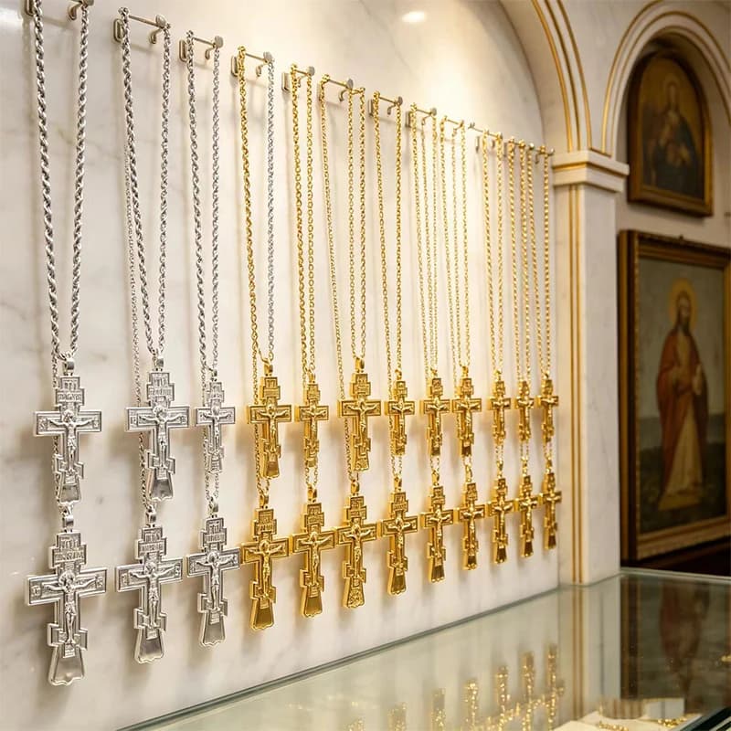 Luxury Orthodox Byzantine Cross Pendant Necklace With Chain Zinc Alloy Gold Silver Crucifix Corpus Slavonic Inscription Gift