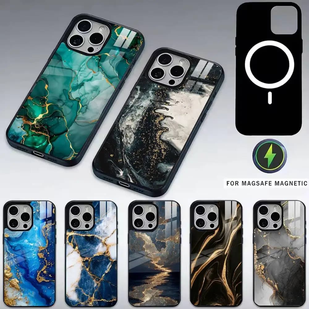 Marble Art Black Gold Phone Case For iPhone17,16,15,14,13,12,11 Plus,Pro Magnetic with Magsafe Wireless Charging