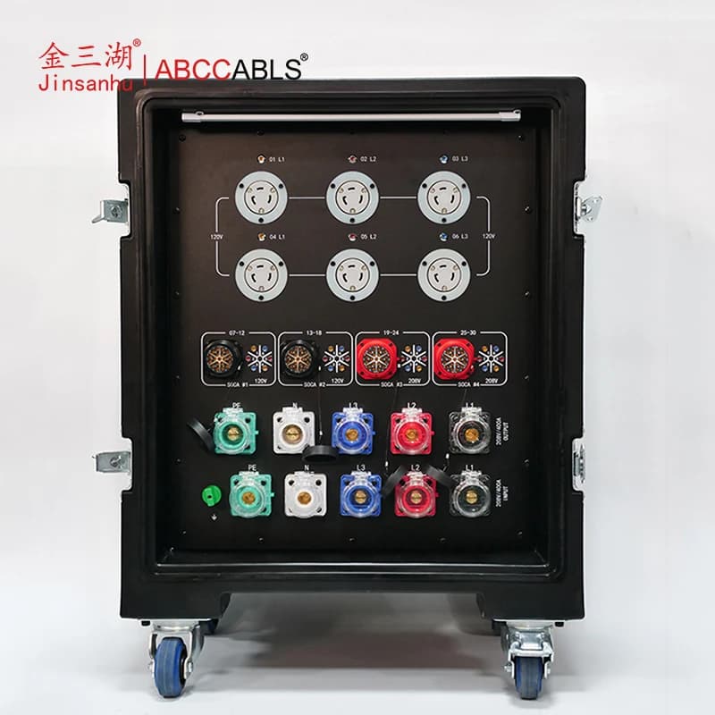 ABCCABLS 30CH 3Phase 208V/120V US Stage Power Distribution Box | 10 Sockets 200A Rated 4*19Pin Socapex + NEMA L5-20R Wheeled