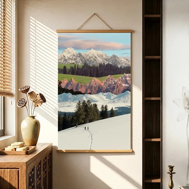 Wall Art Open Country Roads through Four Seasons, Natural Landscape Pearlescent Canvas Wall Hanging Scroll for Vacation Villa
