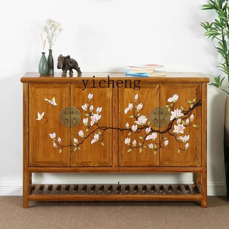 GZ-10  Painted Elm Wood Shoe Cabinet Hand-painted Entrance Hall Storage Cabinet Solid Wood Hallway Partition