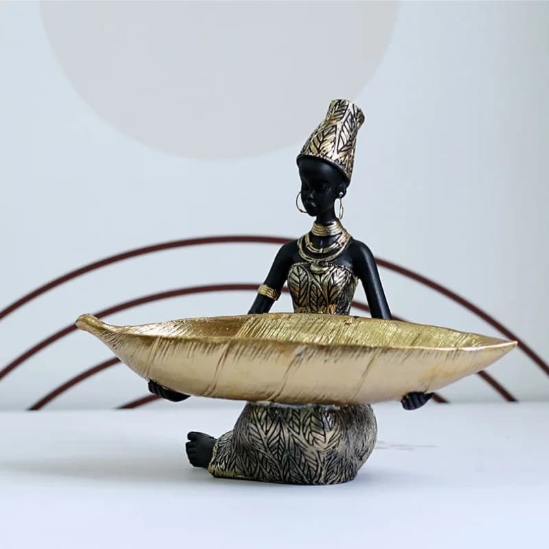Decorative Resin Black Woman Figurine Fruit Bowl African Style Home Decor Storage Tray Ornament for Living Room Kitchen