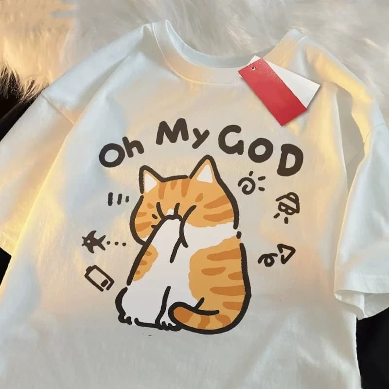 Brand New Cat Print Short-Sleeve T-Shirt Plus Size Summer Collection Sale Man And Woman  Cotton Breathable Tee Top 2025