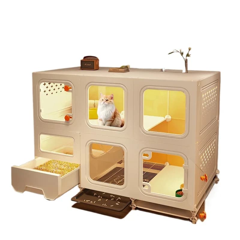 cat villa household indoor with toilet integrated cat cabinet, one room, one bathroom and  living room
