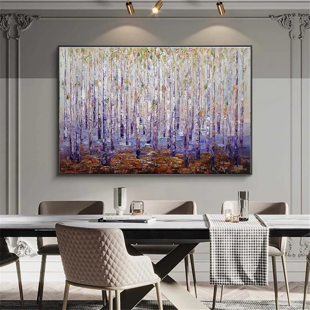 Oversized Oil Painting 100% Handmade Knife Texture Autumn Colorful Birch Tree Landscape Wall Art Picture Abstract Forest Mural