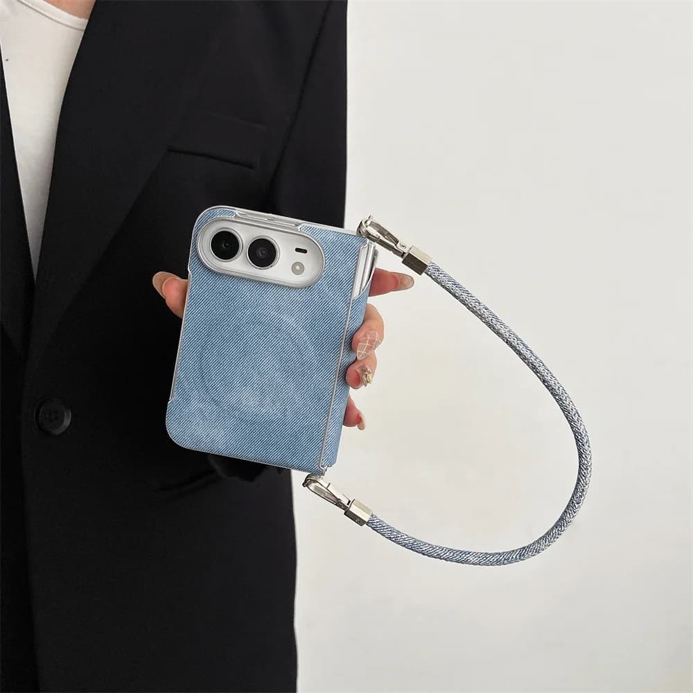 New Korea Ins Cartoon color denim Magnetic Phone Case For iPhone Duo Foldable Protective Cover Cute Cases Shockproof with Chain