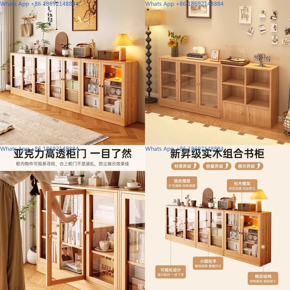Solid Wood Bookshelf Floor Cabinet Storage Unit Display Cabinet Living Room Furniture