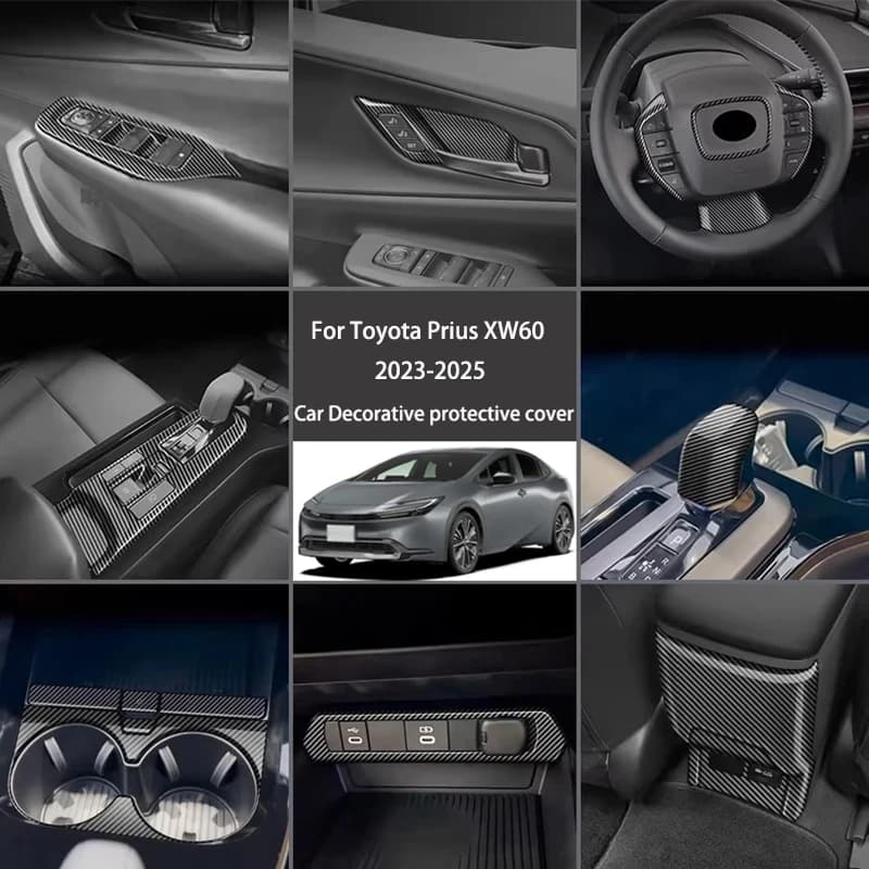Carbon Fiber Texture ABS Steering Wheel Decorative Decal Armrest Box Cover for Toyota Prius XW60 2023 2024 2025 Car Accessories