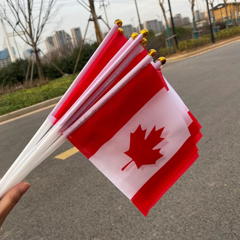 aerlxemrbrae  14cm*21cm  50pcs/lot  canada hand flag with  waving Canadian  National Flags with Plastic Flagpoles