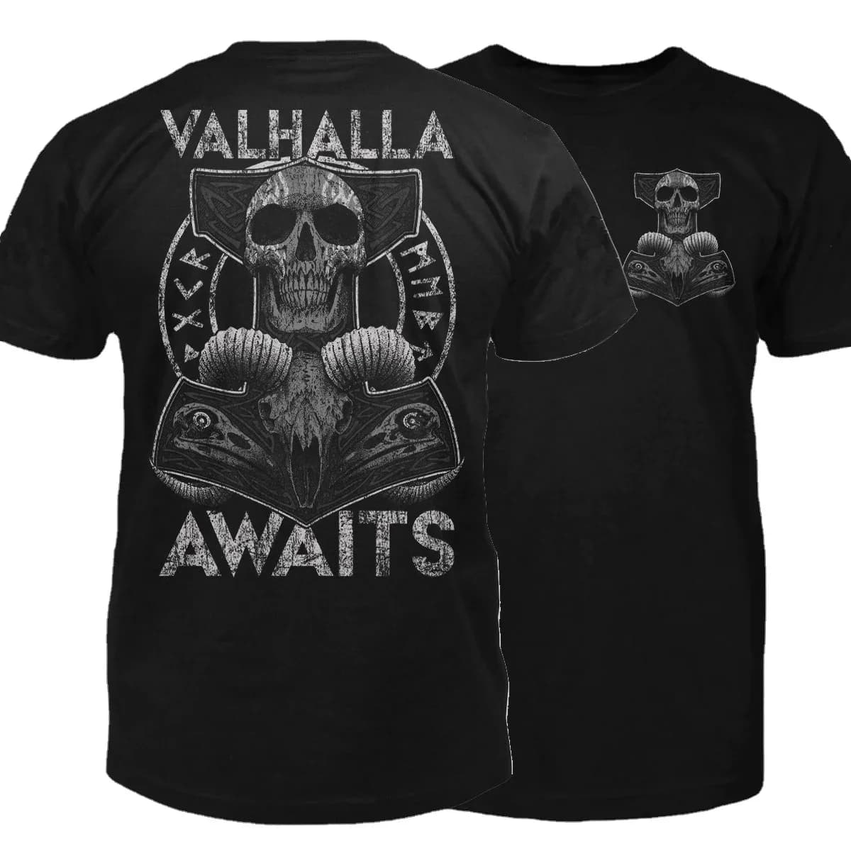 Cool Design Thor's Hammer and The Rams Skull Valhalla Awaits T-Shirt. Summer Cotton Short Sleeve O-Neck Mens T Shirt New S-3XL